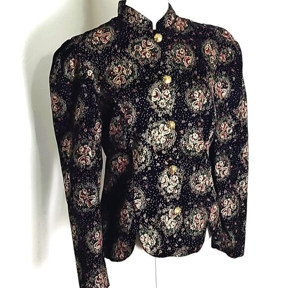 Another Thyme Vintage Black Velvet Jacket, Purple Roses & Dot Design, Sz Medium - Picture 9 of 10